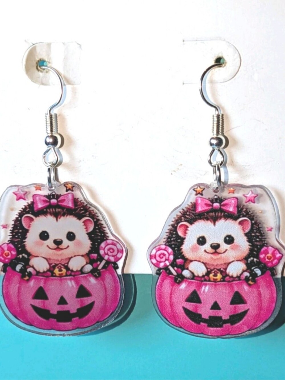 Hand Crafted Pink Hedgehog Pumpkin Dangle Earrings